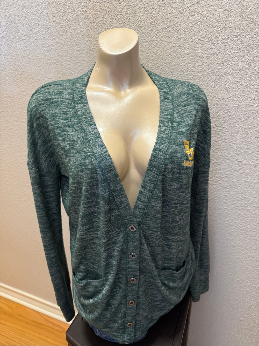 Colosseum Green Heathered V-Neck Button Cardigan with Gold Logo